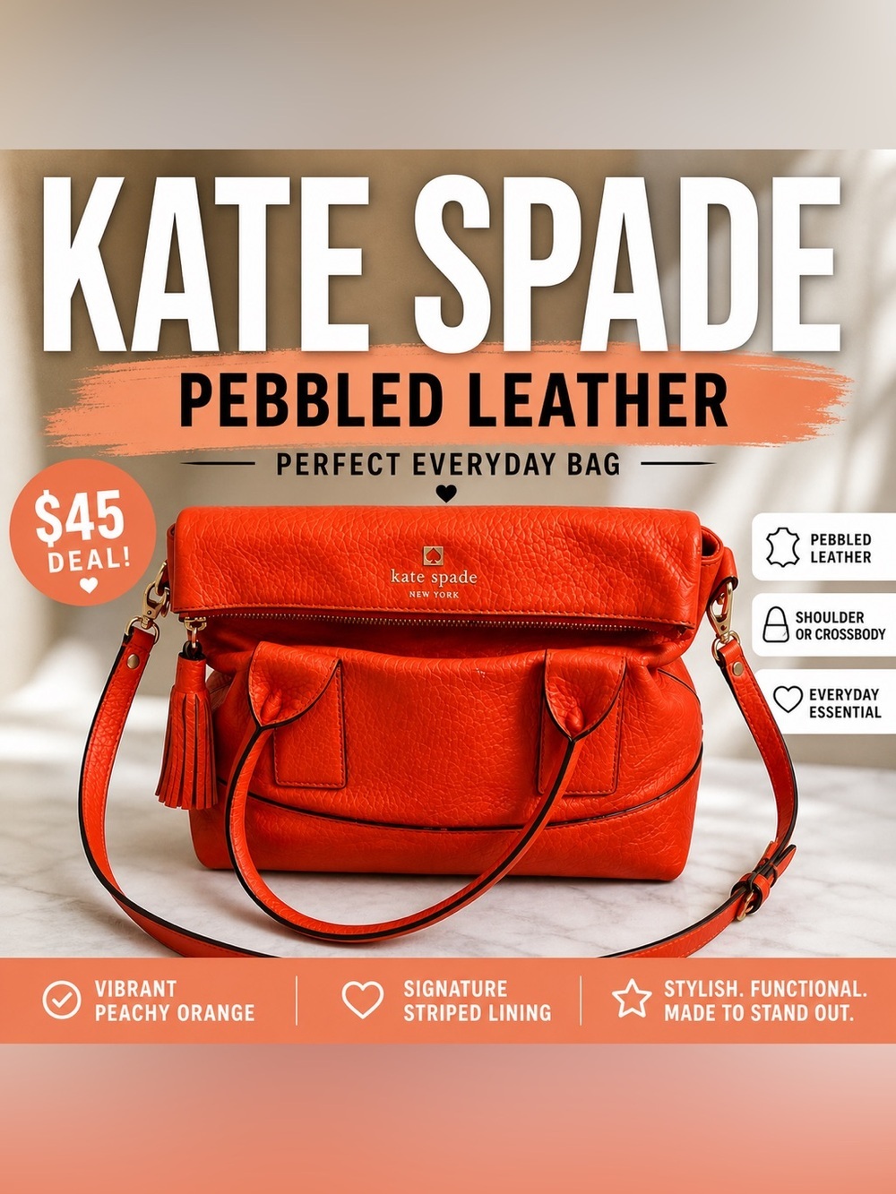 Kate Spade Pebbled Leather Shoulder Bag Vibrant Peachy Orange Crossbody